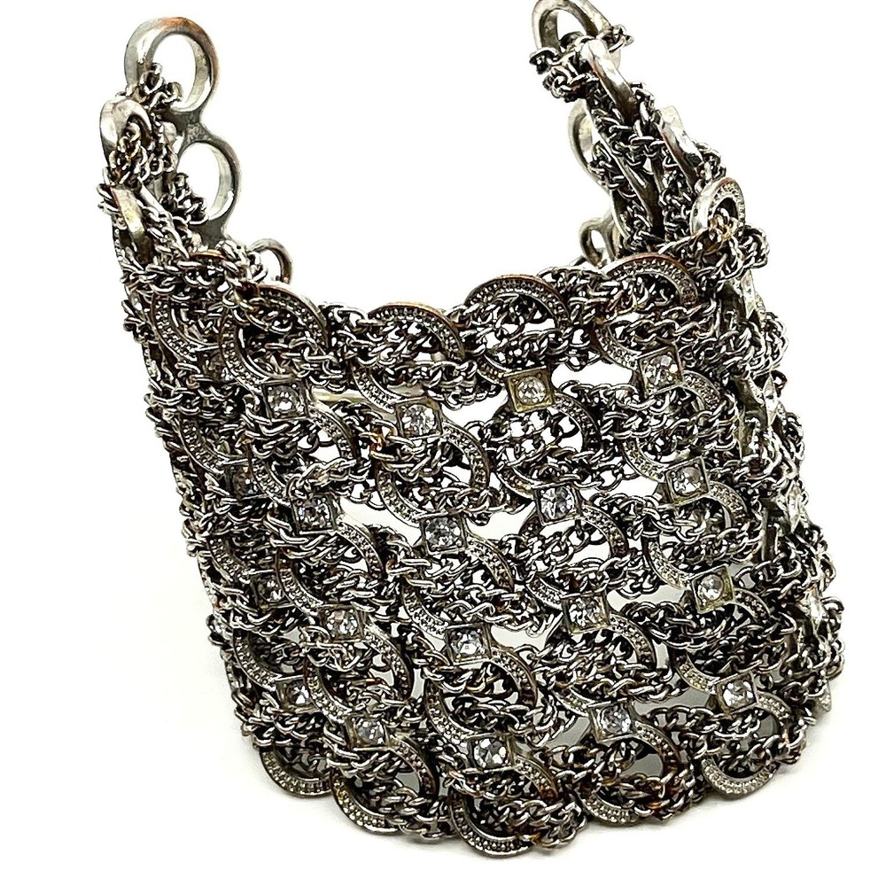 Vintage Silver Tone Multi Strand Curb Chain Wide Cuff Toggle Bracelet Boho Retro